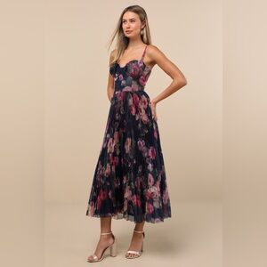 Alluring Invite Midnight Blue Floral Pleated Bustier Midi Dress
 Size Medium